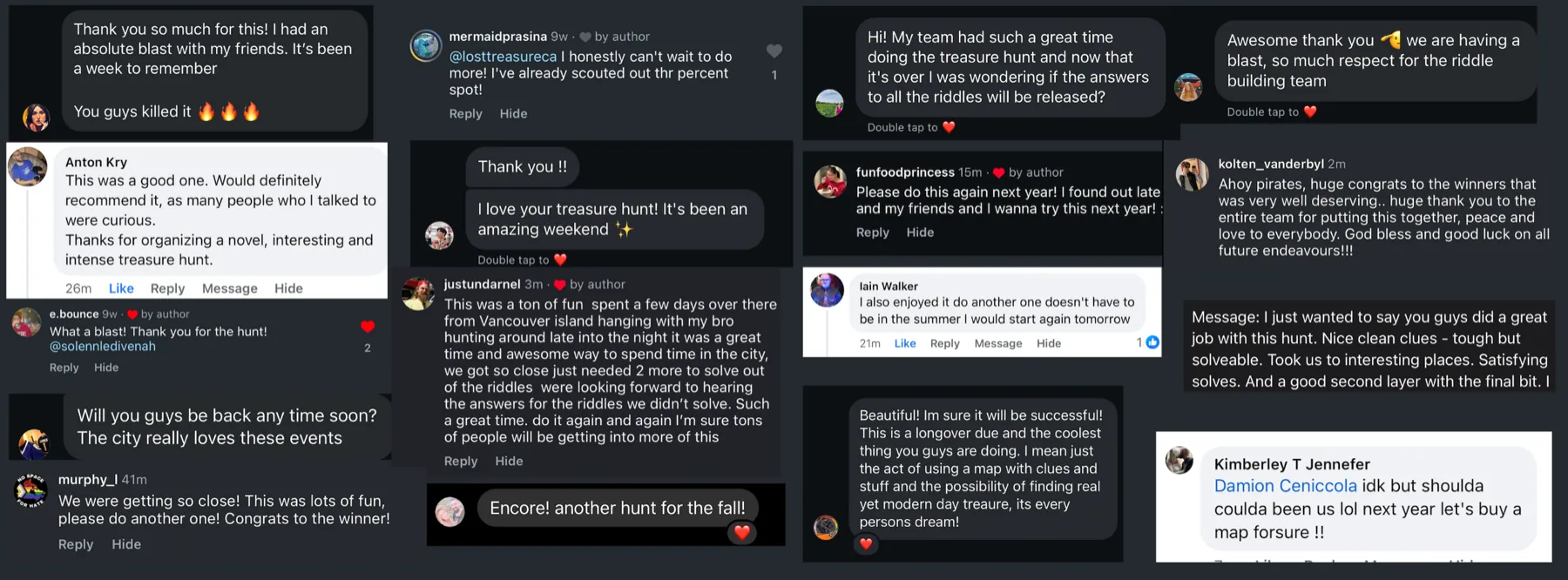 Screenshots of real messages from treasure hunters praising the event